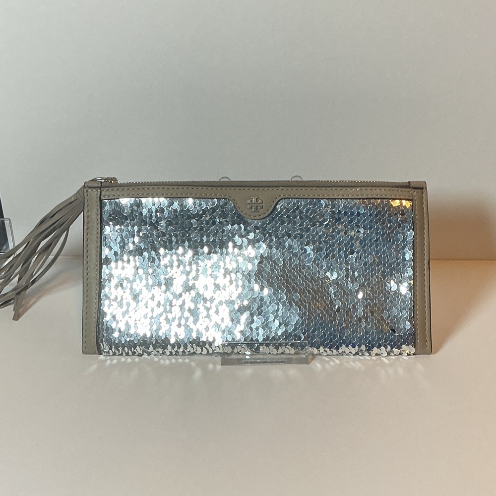 Tory Burch Metallic Silver Sequin Tassel Clutch